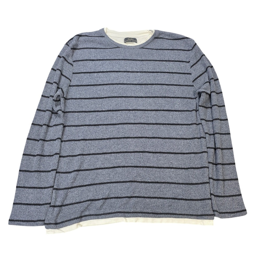 Zara Striped Double Layer Long Sleeve Shirt Men's Size M Gray Blue Crew Neck